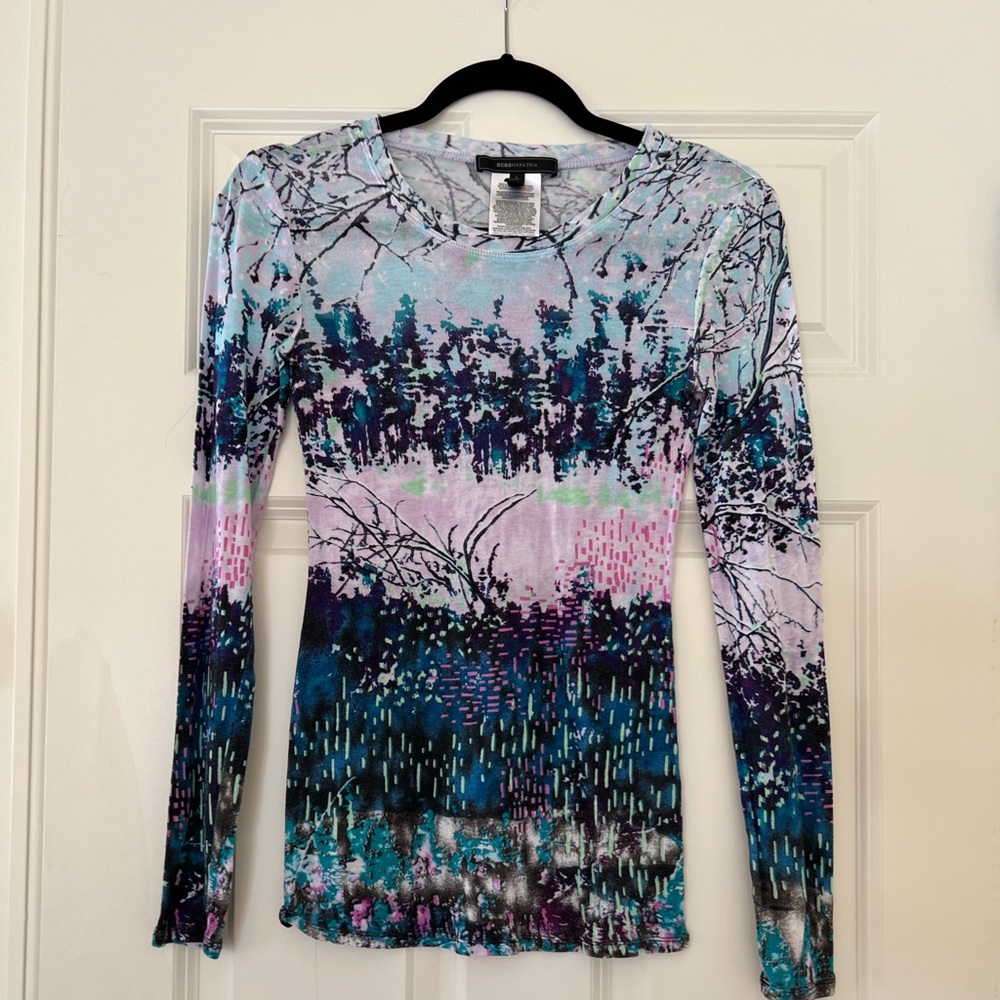 BCBGMaxAzria Teal, Purple & Pink Scenic-Print Long Sleeve Top